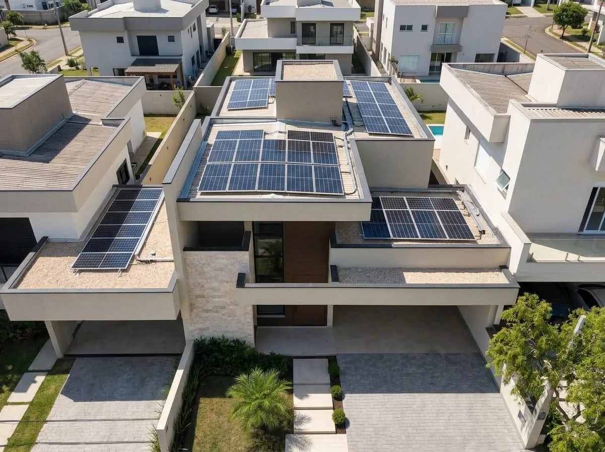 Casas de condomínio com módulos solares instalados sobre laje com estrutura inclinada