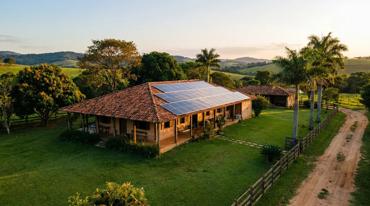 Sede de sítio com sistema de energia solar no telhado cerâmico, em área rural