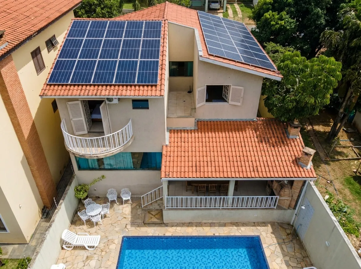 Sobrado com dois conjuntos de placas solares no telhado cerâmico, vista aérea